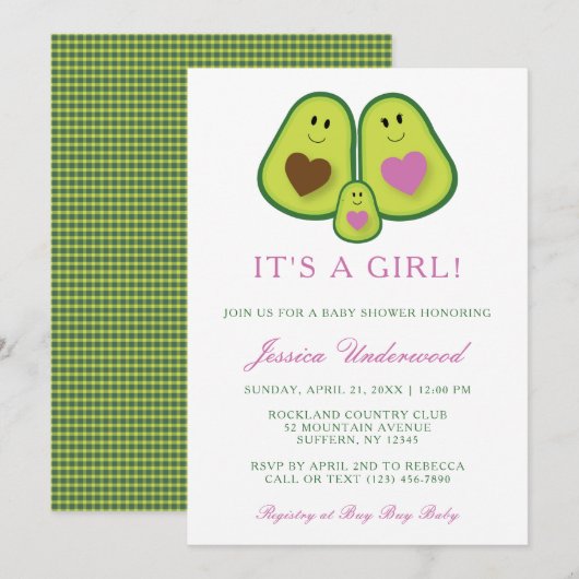 Cute Pset Avocado Girl Baby shower Uitnodiging (Voorkant / Achterkant)