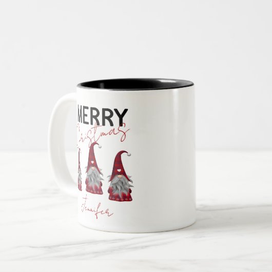 Cute Pset Merry-kerstgnomen met Jouw naam Tweekleurige Koffiemok (Voorkant links)