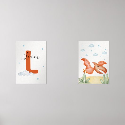 Cute Pterodactyl Nursery Wall Art Set Custom Name (Voorkant)