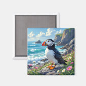 Cute Puffin aan de kust themed Magneet (Voorkant / Achterkant)