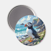 Cute Puffin aan de kust themed Magneet (Voorkant / Achterkant)