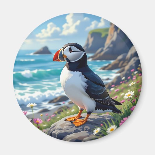 Cute Puffin aan de kust themed Magneet (Voorkant)
