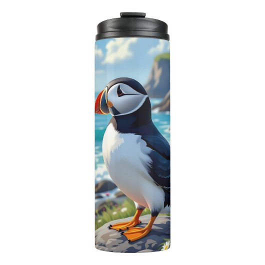 Cute Puffin aan de kust themed Thermosbeker (Voorkant)