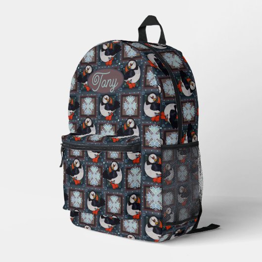 Cute Puffin Birds Winter Pattern Bedrukte Rugzak (Achterkant Hoek Rechts)