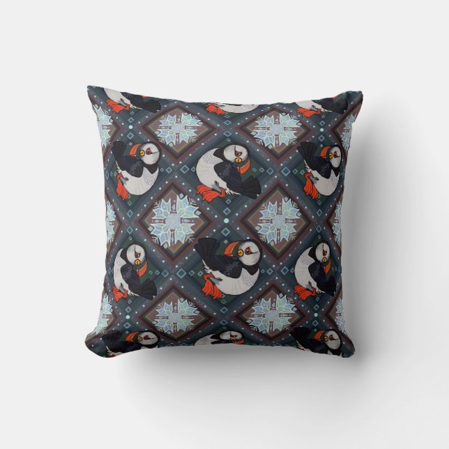 Cute Puffin Birds Winter Pattern Kussen (Voorkant)
