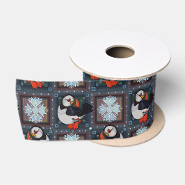 Cute Puffin Birds Winter Pattern Satijnen Lint