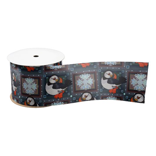 Cute Puffin Birds Winter Pattern Satijnen Lint (Spoel)