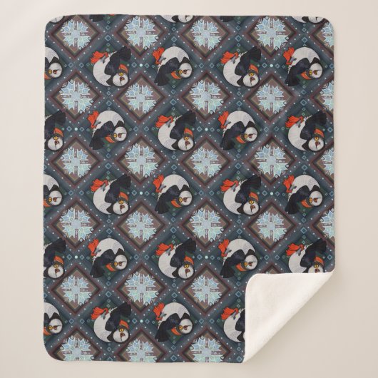 Cute Puffin Birds Winter Pattern Sherpa Deken (Voorkant)