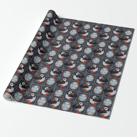 Cute Puffin Birds Winter Pattern Wrapping Paper Cadeaupapier (Uitgerold)