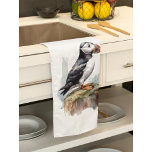 Cute Puffin on a rock, customizable Theedoek<br><div class="desc">waterverf schilderij van een schattige puffin op een rots</div>