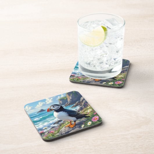 Cute Puffin on the Seashore themed Bier Onderzetter (Rechterzijde)