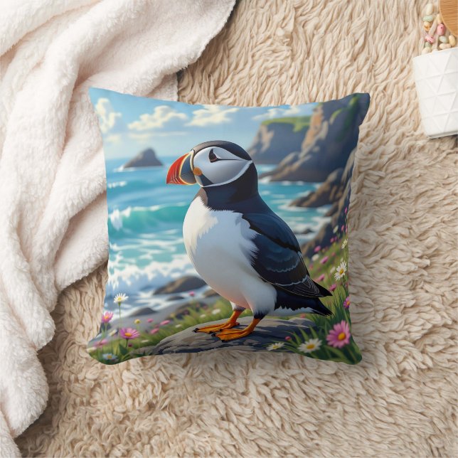 Cute Puffin on the Seashore themed   Kussen (Deken)