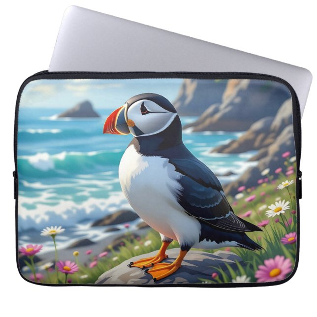 Cute Puffin on the Seashore themed   Laptop Sleeve (Voorkant)
