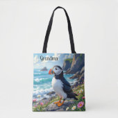 Cute Puffin on the Seashore themed Personalized Tote Bag (Voorkant)