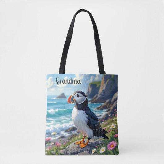 Cute Puffin on the Seashore themed Personalized Tote Bag (Voorkant)