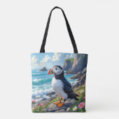 Cute Puffin on the Seashore themed Personalized Tote Bag (Achterkant)