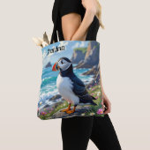Cute Puffin on the Seashore themed Personalized Tote Bag (Dichtbij)