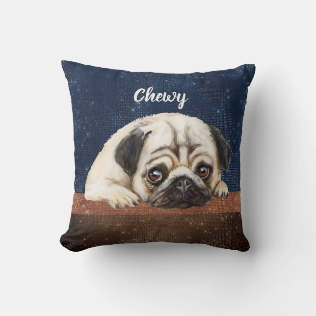 Cute Pug aangepaste tekst blauw-bruin modern Kussen (Voorkant)