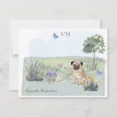 Cute Pug Butterfly Meadow Monogram & Naam     Notitiekaartje (Voorkant)