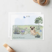 Cute Pug Butterfly Meadow Monogram & Naam     Notitiekaartje (Voorkant / Achterkant in situ)