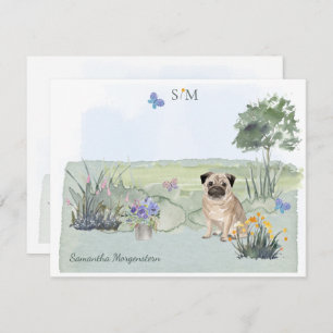Cute Pug Butterfly Meadow Monogram & Naam     Notitiekaartje