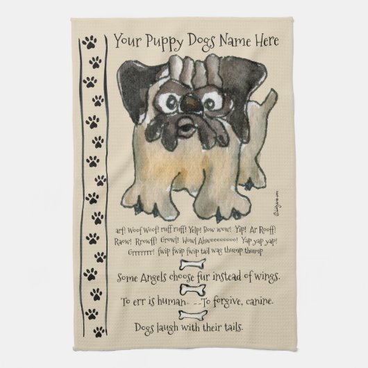 Cute Pug Cartoon Dog citeert keukenhanddoek (Verticaal)