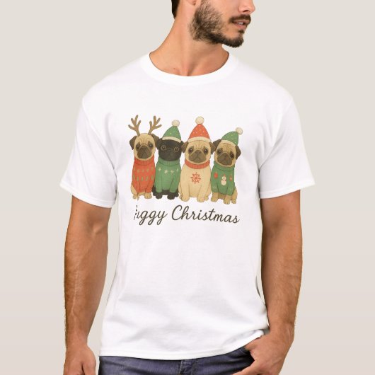 Cute Pug Christmas Illustration in Festive Sweater T-shirt (Voorkant)
