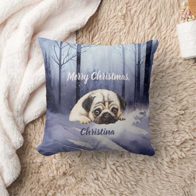 Cute Pug custom text Winter Forest edition Kussen (Deken)