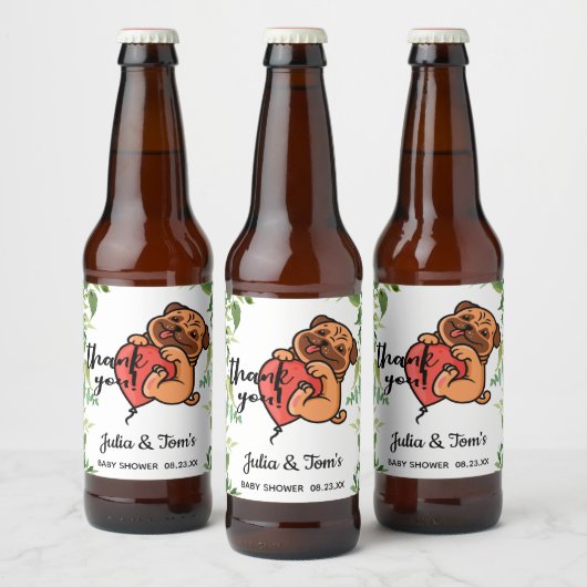 Cute Pug Dank u Baby shower Bier Etiket (Flessen)