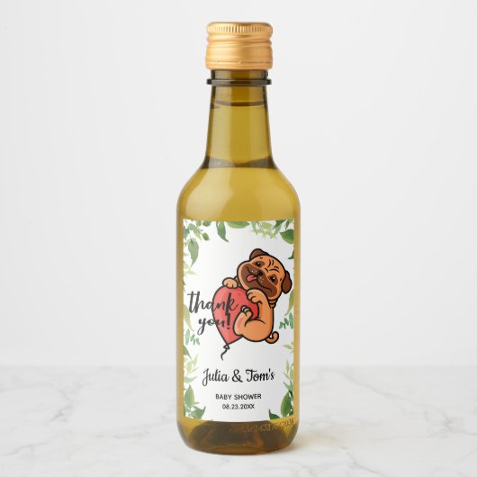 Cute Pug Dank u Baby shower Mini Wijn Etiket (Voorkant)