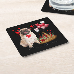 Cute Pug Dog Balloon Heart Valentijnsdag Kartonnen Onderzetters