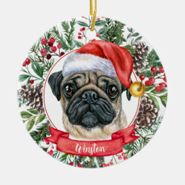 Cute Pug Dog Custom Santa Hat Kerstversier Keramisch Ornament