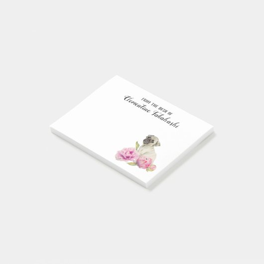 Cute Pug Dog en Flowers | Jouw namen toevoegen Post-it® Notes (Schuin)