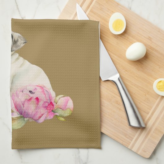 Cute Pug Dog en Peony Flowers Illustration Theedoek (Quarter Fold)