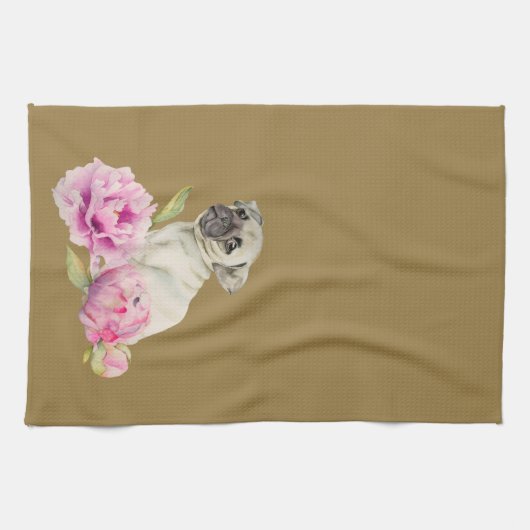 Cute Pug Dog en Peony Flowers Illustration Theedoek (Horizontaal)