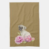 Cute Pug Dog en Peony Flowers Illustration Theedoek (Verticaal)