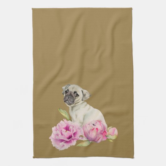 Cute Pug Dog en Peony Flowers Illustration Theedoek (Verticaal)