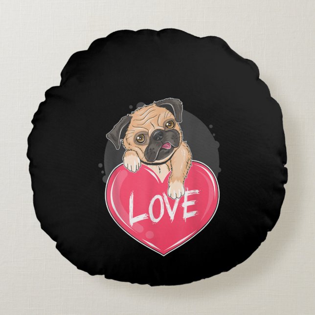 Cute Pug Dog Hearts Pug Valentijns Gift Rond Kussen (Voorkant)