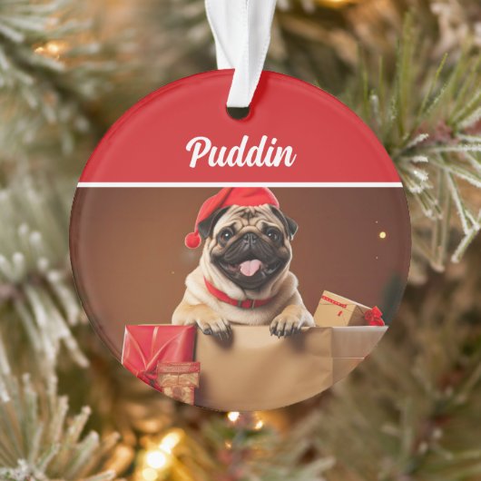 Cute Pug Dog Holiday Christmas Photo Ornament (Boom)