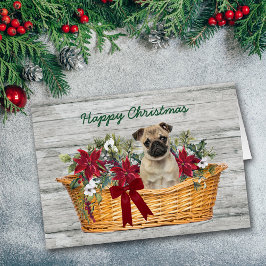 Cute Pug Dog in Basket met kerstkaart