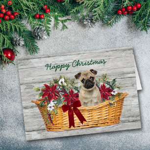 Cute Pug Dog in Basket met kerstkaart