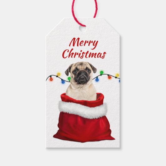 Cute Pug Dog in Santa Bag Cadeaulabel (Voorkant)