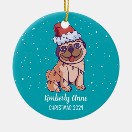 Cute Pug Dog Kerstmis Puppy Snowy Winter Holiday Keramisch Ornament (Voorkant)