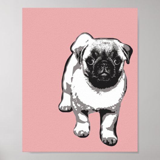 Cute Pug Dog Modern Art Poster Roze zwart-wit (Voorkant)
