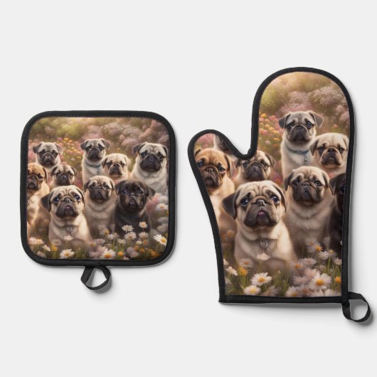 Cute Pug Dog Ovenwant & Pannenlap Set (Voorkant)