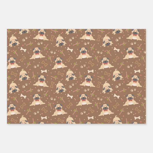 Cute Pug Dog Paws Wrapping Paper Set van 3 (Voorkant)
