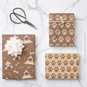 Cute Pug Dog Paws Wrapping Paper Set van 3