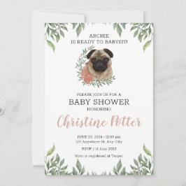 Cute Pug Dog Puppy Greenery Boy Baby shower Invita Kaart