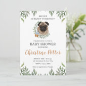 Cute Pug Dog Puppy Greenery Boy Baby shower Kaart (Staand voorkant)