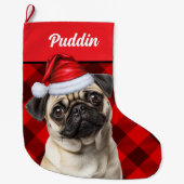 Cute Pug Dog Red Buffalo Plaid Custom Grote Kerstsok (Voorkant)